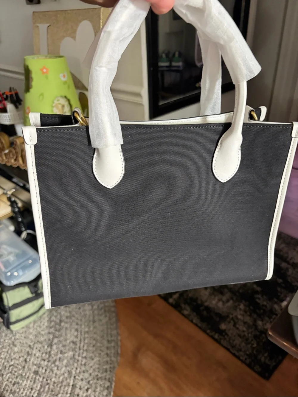 Coach Black and White Leather Logo Tote